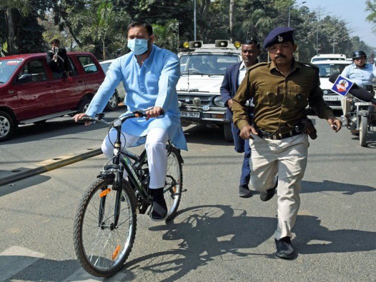 Tejashwi Yadav rides bicycle to protest against fuel price hike