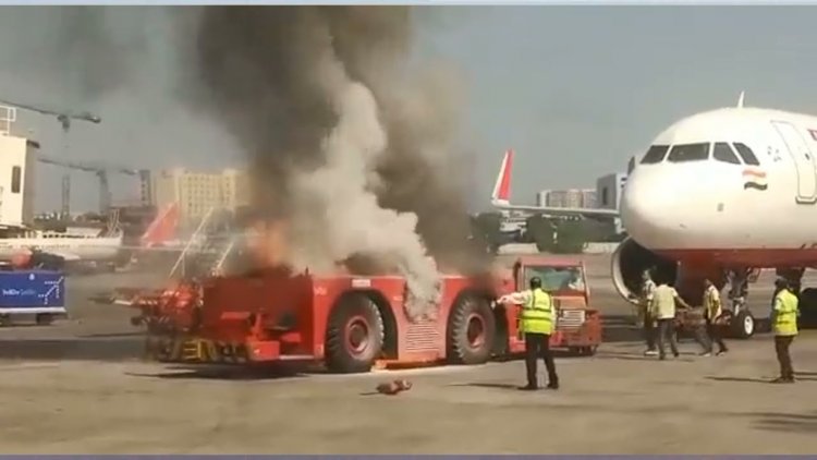 Mumbai: Pushback tractor catches fire at airport