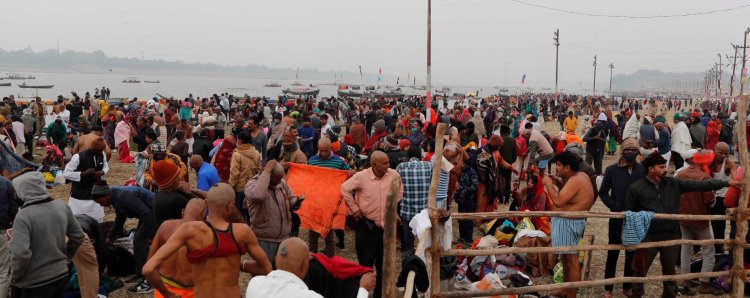 Prayagraj: Devotees take holy dip at Triveni Sangam during Magh Mela
