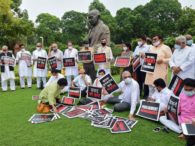 Oppn parties hit out at govt over suspension of 8 MPs, hold protest on Parliament premises